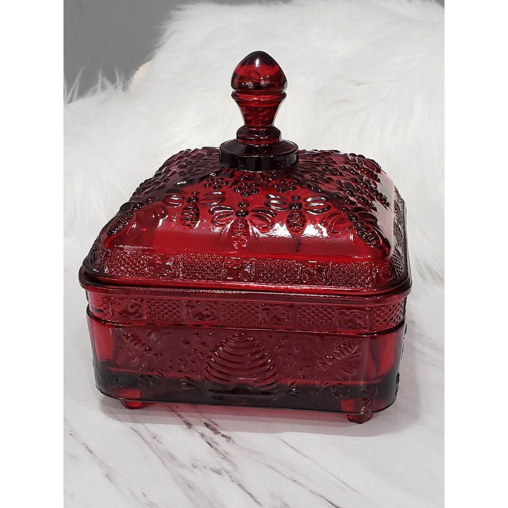 Indiana Tiara Glass Ruby Red Bee Box Honey Dish Covered Candy Dish W  Sticker
